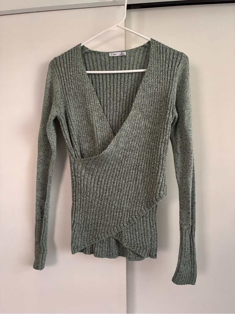 Dex Sage Ribbed Wrap V-Neck Sweater